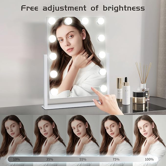 Kotdning Vanity Mirror with Lights,Lighted Vanity Mirror with 12 Dimmable Bulbs for Dressing Room & Bedroom,3 Color Lighting,Modes Detachable 10x Magnification 360°Ratation (White) 14.6" L x 17" W