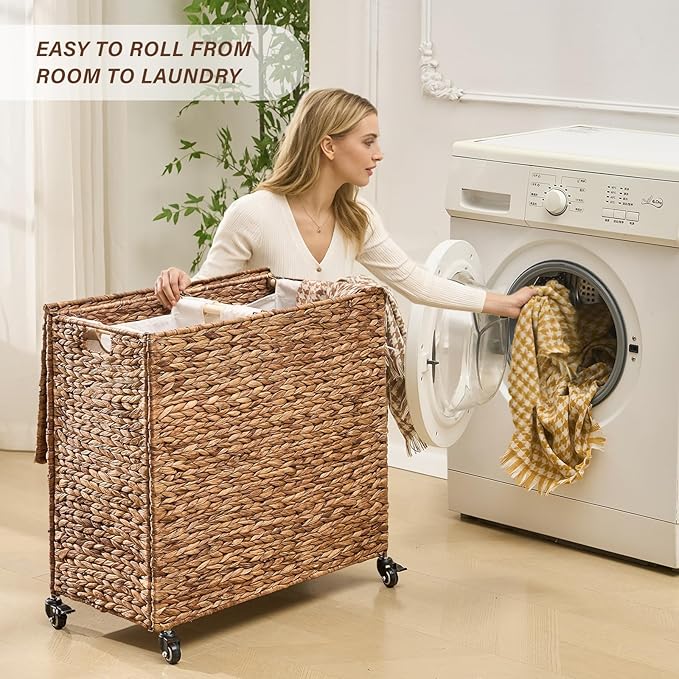 Hand-Woven Laundry Basket with Wheels, Natural Water Hyacinth Laundry Hamper with Lid,Removable & Machine-Washable Liner 2-Section Clothes Hamper for Bathroom and Laundry Room(120L,Espresso)
