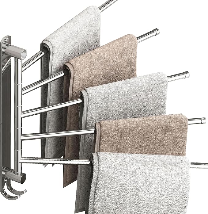 Swivel Towel Rack with Reinforced T-Joint, Thickened SUS304 Steel Rustproof Wall Mount，Towel Racks for Bathroom Wall Mounted，Suitable for Kitchen Towel Holder, Outdoor Towel Rack (5-Arms)