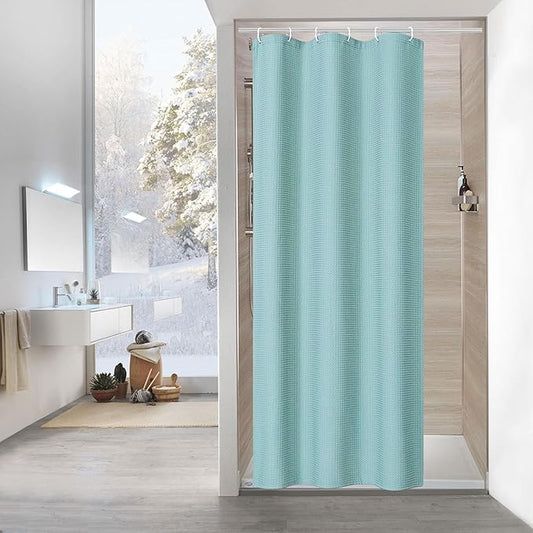 MitoVilla Teal Blue Waffle Small Stall Shower Curtain 36 x 72, Turquoise Half Size Fabric Narrow Shower Curtains for Bathroom Decor, 36 inch Weighted Shower Curtain Set with Plastic Hooks