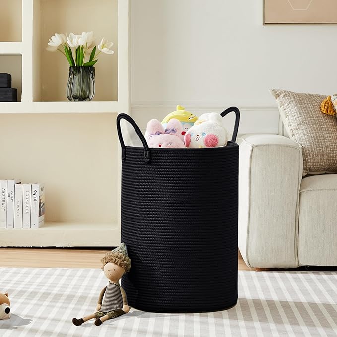 80L Black Woven Rope Hamper Laundry Basket for Clothes Tall Modern Blanket Storage Basket in Living Room Bedroom Extra Large 16"L x 16"W x 22"H