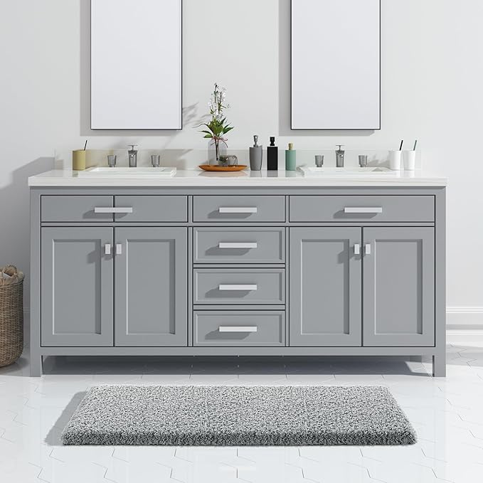 Yimobra Fluffy Plush Bath Rug, Super Shaggy Soft Comfortable Non Slip, Water Absorbent Microfiber Bath Mat, Dries Quickly, Machine Washable Thick Bathroom Rugs for Shower, 47"x 24", Pure Gray