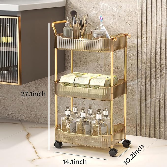 Acrylic Storage Trolley, Laundry Room Organization Mobile Shelves Bathroom Kitchen Rolling Utility Cart with Handle and Lockable Wheel(Gold,14.1x10.2x27.1inch)