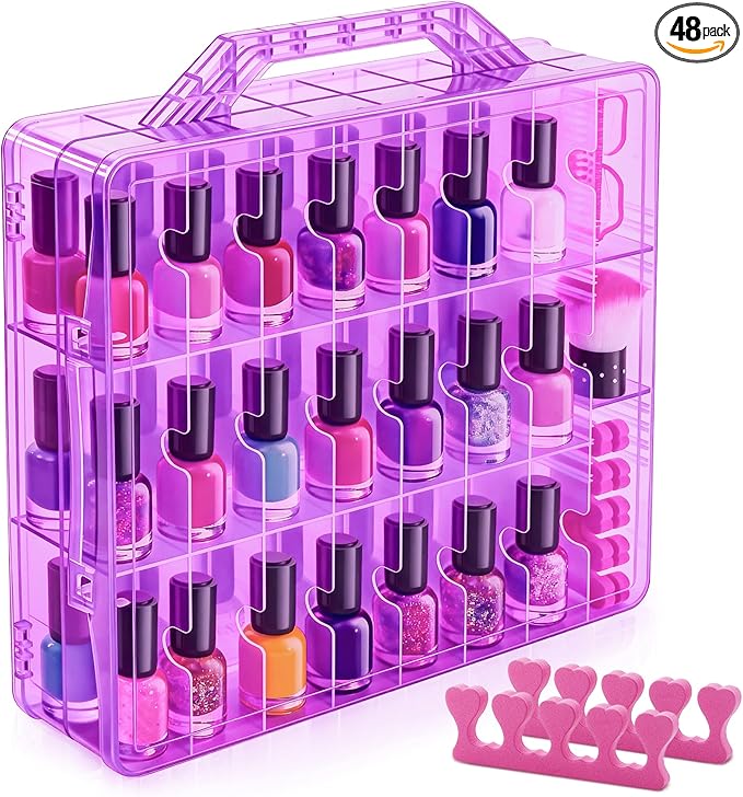 DreamGenius Nail Polish Organizer Case for 48 Bottles with 2 Nail Separators, Double Side Gel Nail Polish Holder with Adjustable Dividers, Purple