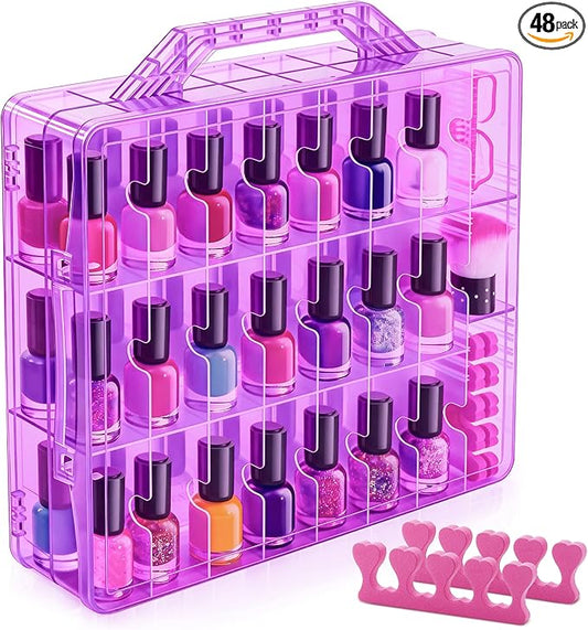 DreamGenius Nail Polish Organizer Case for 48 Bottles with 2 Nail Separators, Double Side Gel Nail Polish Holder with Adjustable Dividers, Purple