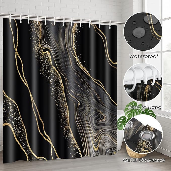 Marble Black Bathroom Decor and Accessories Set, Shower Curtain and Rug Set with Trash Can, Soap Dispenser, Soap Dish, Toothbrush Holder, Toothbrush Cup, Toilet Brush