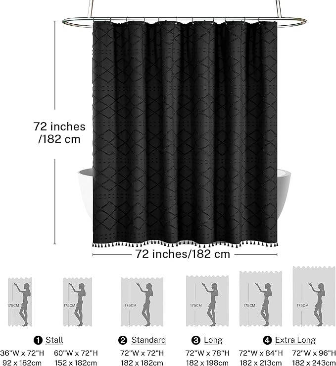 Black Shower Curtain Boho Fabric Shower Curtain Black Tufted Texture Striped Modern Farmhouse Shower Curtains for Bathroom, 72 x 72