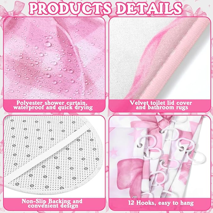 FuWeave 8 Pcs Pink Bow Shower Curtain Sets for Bathroom Decor Cute Coquette Bathroom Accessories Bow Knot Aesthetic Girly Shower Curtain Sets with Towels Carpet Bath Mat Toilet Rugs and 12 Hooks