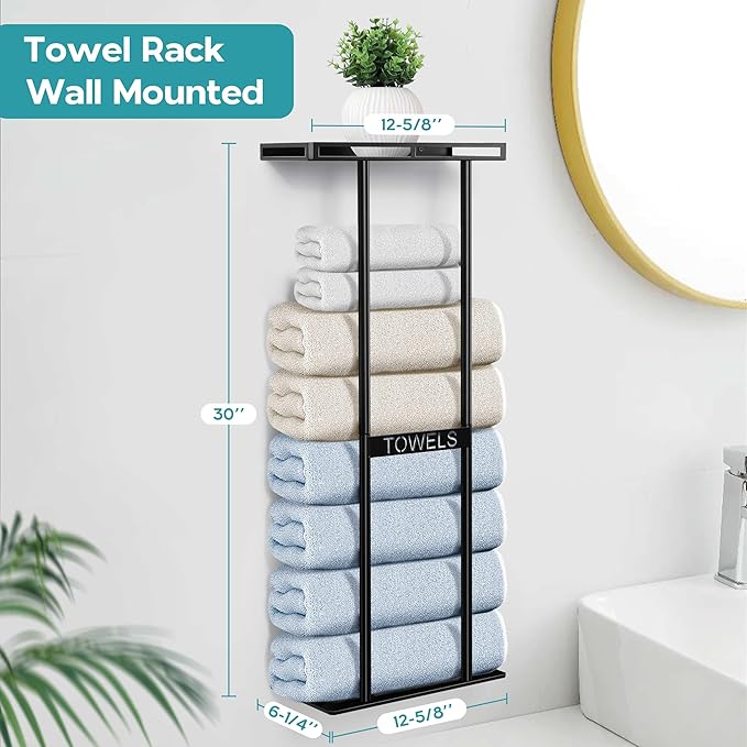 Onader Towel Racks for Bathroom Wall Mounted, 30 Inch Bath Storage Towel Holder with Metal Shelf, Black