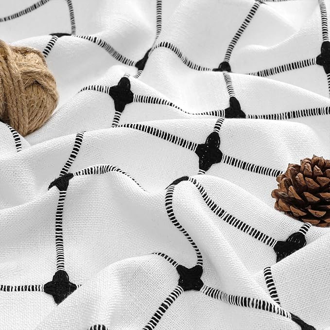 MitoVilla Ivory Black Boho Extra Long Shower Curtain 72 x 84, Modern Farmhouse 84 inch XL Polyester Linen Texture Tassel Fabric Shower Curtain Set with Hooks for Cottagecore Country Bathroom Decor