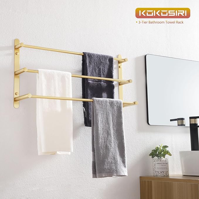 KOKOSIRI Bath Towel Bars Bathroom 3-Tiers Ladder Towel Holder Rails Wall Mounted Towels Shelves Rack Stainless Steel, Brushed Gold, B5002BG-L24