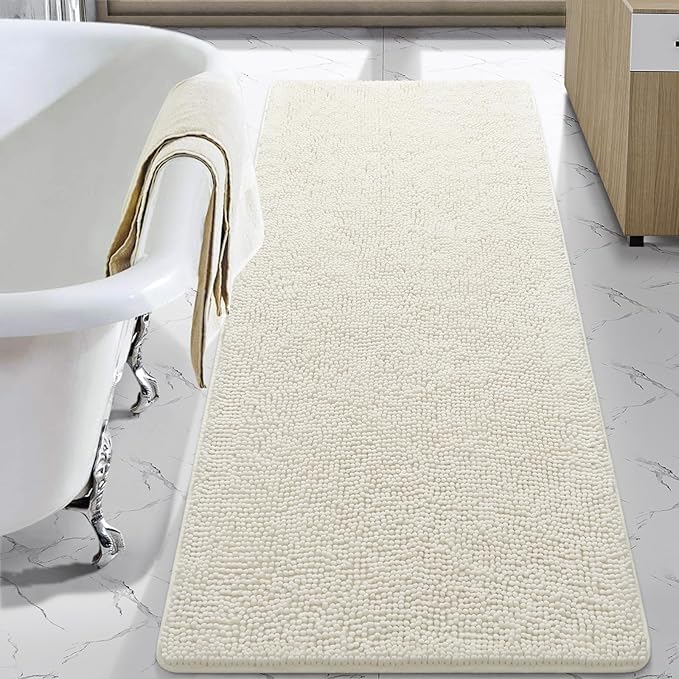 LOCHAS Luxury Bathroom Rug Shaggy Bath Mat 24 x 48 Inch, Washable Non Slip Bath Rugs for Bathroom Shower, Soft Plush Chenille Absorbent Carpets Mats, Cream White