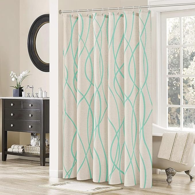 Mint Green Modern Farmhouse Linen Shower Curtain, Country Cottage Bathroom Decor Striped Minimal Boho Textured Linen Shower Curtain Set with Hooks, 72x72