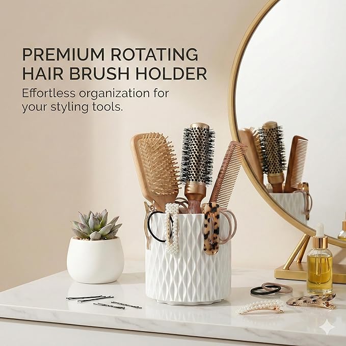 Makeup Brush Holder with Lid, 360?? Rotating Dustproof 5-Slot Cosmetic Organizer for Vanity Countertop, Spinning Brush Caddy with Cover for Lipstick, Hair Brush & Art Supply, White