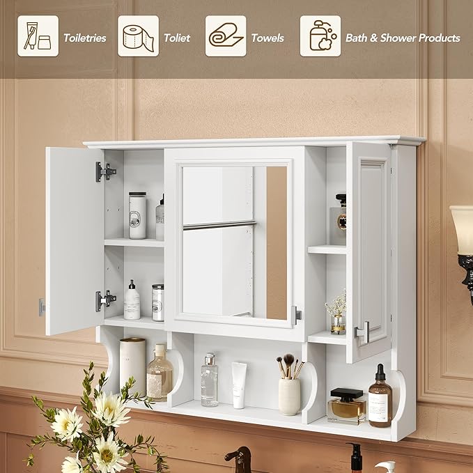Virubi Bathroom Wall Cabinet with Mirror, Medicine Cabinet with 3 Doors and Adjustable Shelf, Space Saver Storage Cabinets Over The Toilet for Bathroom (35'' x 28'') (White)