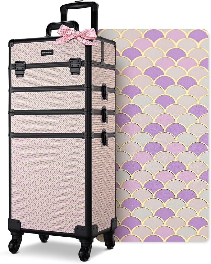 BYOOTIQUE 4in1 Rolling Makeup Case Cosmetology Case on Wheels,Large Capacity Easy Access Cosmetic Organizer Travel Case for Makeup Artist Hairstylist,Art Deco Tyrian