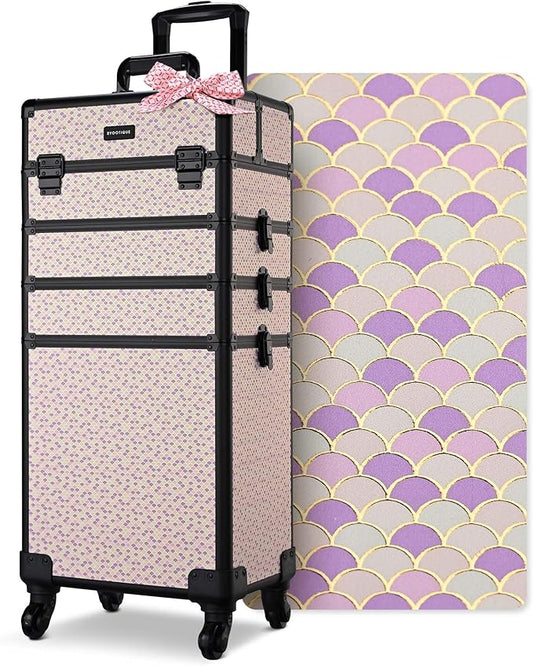 BYOOTIQUE 4in1 Rolling Makeup Case Cosmetology Case on Wheels,Large Capacity Easy Access Cosmetic Organizer Travel Case for Makeup Artist Hairstylist,Art Deco Tyrian