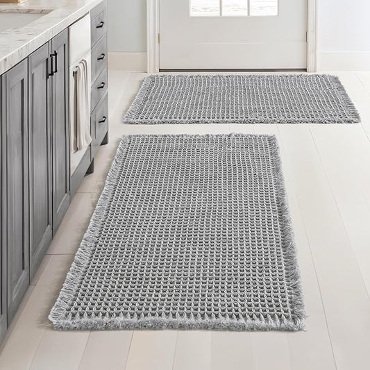 MIULEE Set of 2 Waffle Bathroom Rugs, Boho Bath Rugs Non Slip Washable, Super Absorbent Bath Mats, Ultra Soft Rubber Backed Shower Mats for Bathroom Floor, Tub and Shower, Light Grey, 20x32 Inch