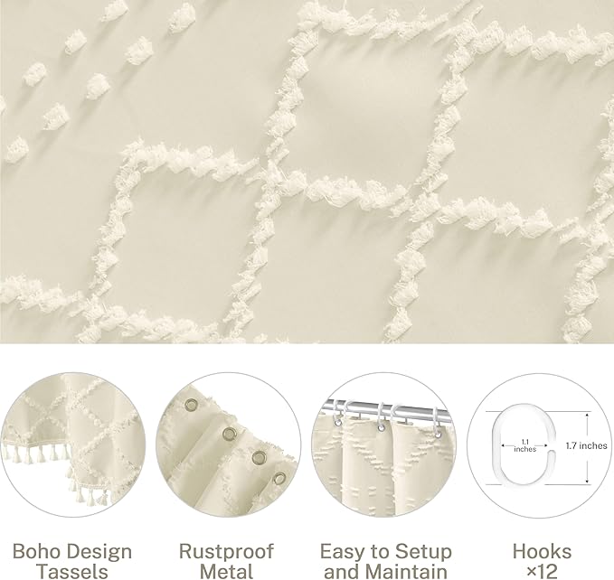 Extra Long Cream Boho Shower Curtain - Woven Fabric, 72 x 84 Tufted Chevron Textured Striped Modern Farmhouse Minimalist Cloth Curtain for Bathroom