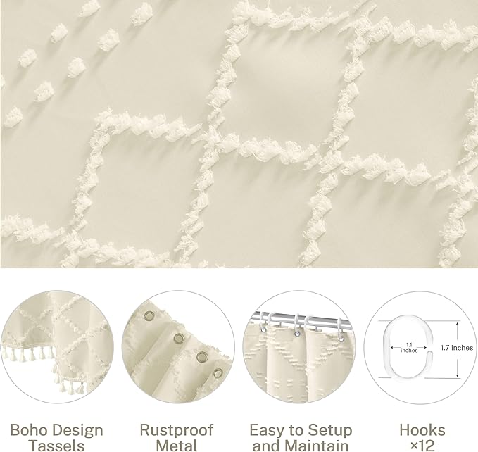 Extra Long Cream Boho Shower Curtain, 72 x 78 Tufted Chevron Textured Striped Modern Farmhouse Minimalist Woven Fabric for Bathroom