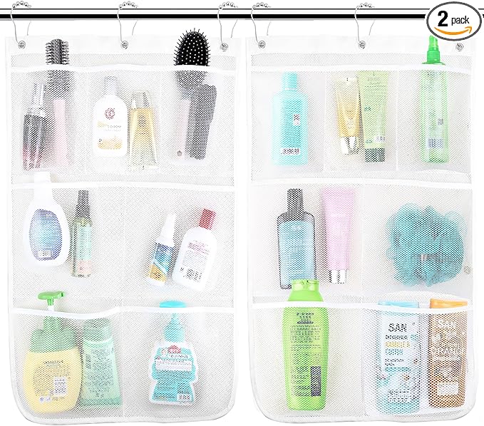 Mesh Shower Caddy Hanging, 7 Pockets Hanging Bathroom Organizer with Quick Dry Mesh, Portable, Can Store Soap, Loofah Shampoo and Cruise Ship Essentials, 17 Inch by 26 Inch, White, 2 Pack