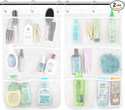 Mesh Shower Caddy Hanging, 7 Pockets Hanging Bathroom Organizer with Quick Dry Mesh, Portable, Can Store Soap, Loofah Shampoo and Cruise Ship Essentials, 17 Inch by 26 Inch, White, 2 Pack