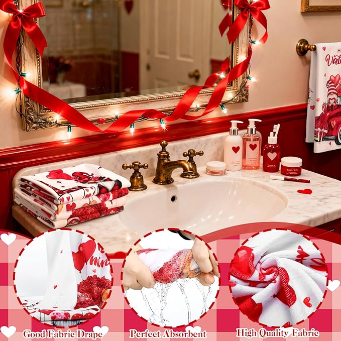 FuWeave 8 Pcs Valentines Shower Curtain Set Red Heart Sweet Love Romantic Bathroom Decor Valentines Day Gnome Waterproof Shower Curtain Towels Non Slip Rug Toilet Lid Cover Bath Mat with 12 Hooks