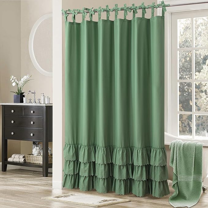 Adjustable Bow-Tie Top Green Ruffle Shower Curtain for Girls Women, Delicate Fabric Shower Curtain with Handcrafted Ruffles and Small Holes, Waterproof Ruched Farmhouse Bathroom Curtain, 72"W x 72"H
