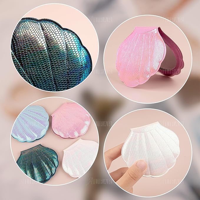 AUEAR, 4 Pack Glitter Shell Double-Sided Magnification Makeup Mirrors Colors Handheld Compact for Purse Handbag Pocket