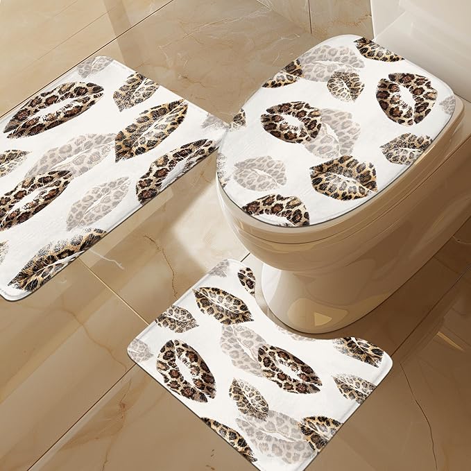 LIGHTINHOME 4 PCS Kiss Lips Shower Curtain Set 72Wx72H,Toilet Lid Cover,Non-Slip Rugs and U-Shaped Mat,Wild Cheetah Leopard print Bathroom Sets with Rugs Shower Accessories 12 Hooks for Bathroom Decor