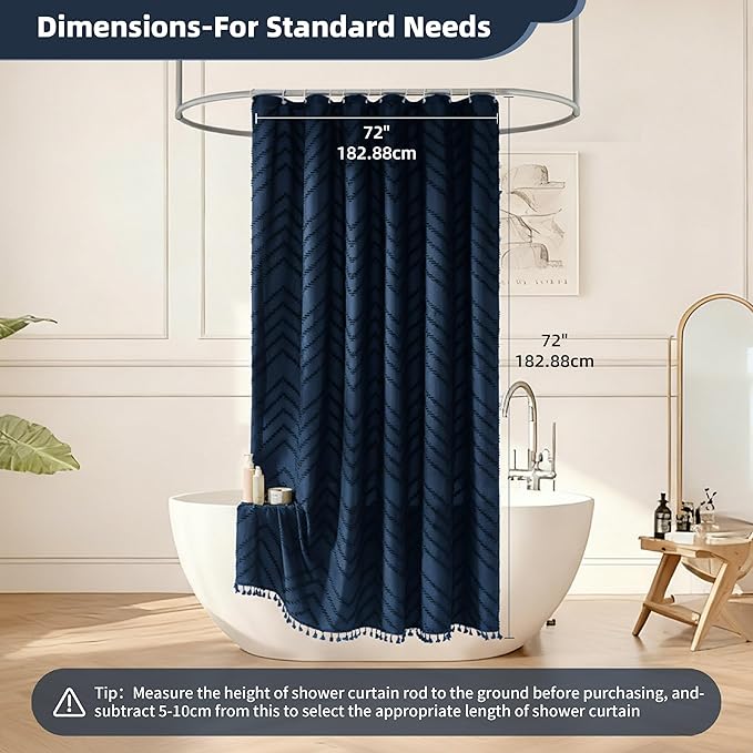 Navy Blue Shower Curtain Fabric Boho Shower Curtain Cloth Textured Tufted Chevron Elegant Shower Curtains Waterproof for Bathroom 72 x 72