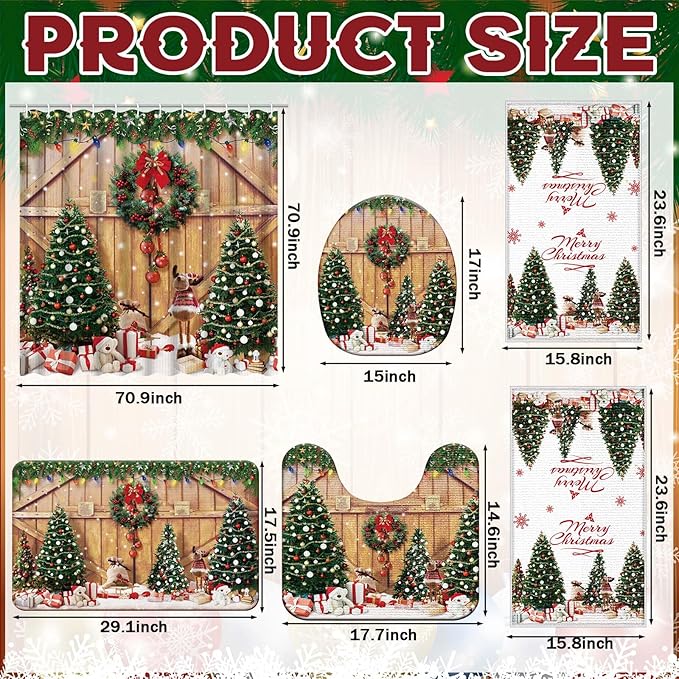 Nuanchu 6 Pcs Christmas Shower Curtain Set with Rug Bathroom Sets with Shower Curtain Bath Mat U Shaped Mat Toilet Lid Cover 2 Bath Towels and 12 Hooks Christmas Tree Bathroom Decor
