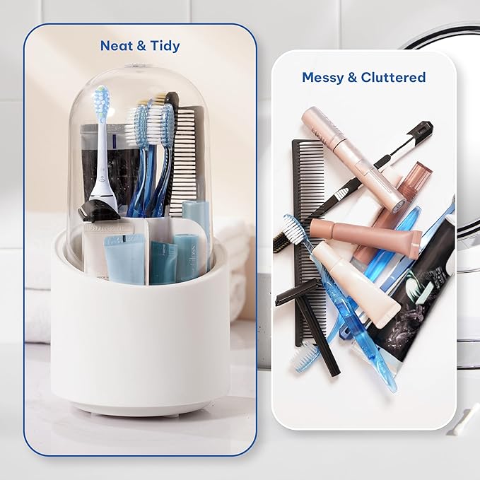 Toothbrush Holder with Cover, Dustproof Toothbrush Holder for Bathroom Sink, Vanity and Bathroom Storage Organizer, Rotating Bathroom Counter Organizer (White)