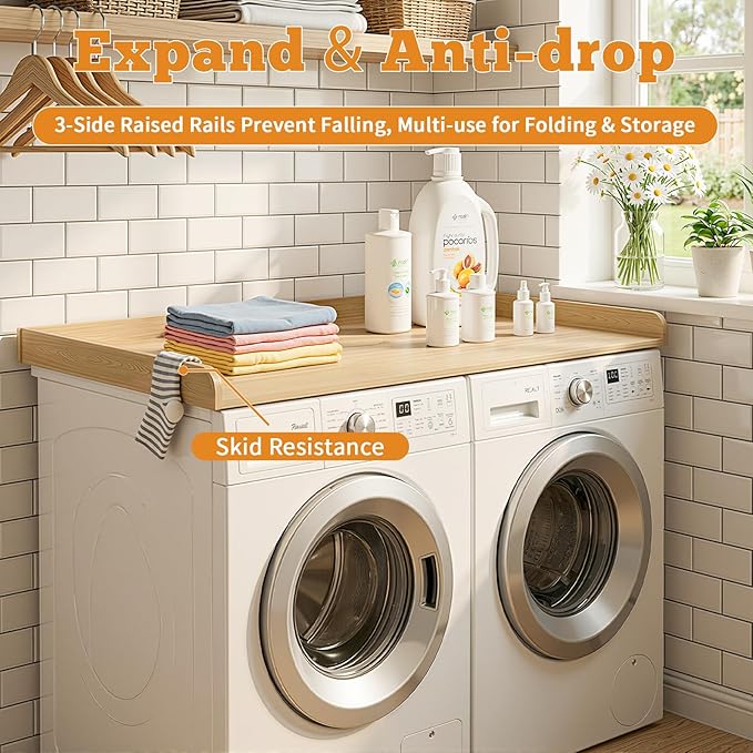 Laundry Washer Dryer Countertop: 54" x 27.5" Wood Washer Dryer Topper with 180lbs Capacity, Waterproof MDF for LG Samsung Front Load Washer and Dryer, Non-Slip Laundry Room Organization Table