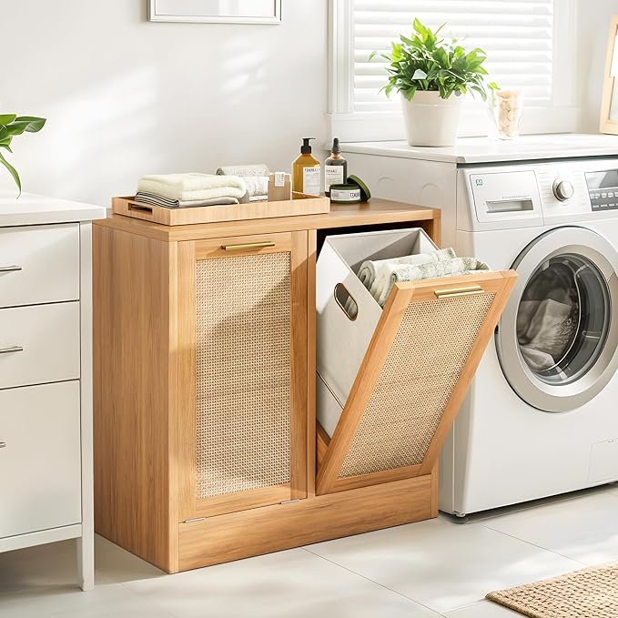 Laundry Cabinet, Bathroom Cabinet with with Breathable Real Rattan Design, Clothes Storge Basket with 2 Removable Laundry Baskets, Bathroom Storage Unit, Anti-tip, 66 x 39,5 x 68 cm, Naturel