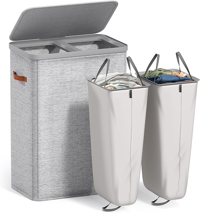 Sorbus Laundry Hamper with Lid - Collapsible 2-Compartment Fabric Laundry Basket with Handles and Removable Laundry Bag – 45 Gallon (170 L) Dirty Clothes Hamper for Bedroom, bathroom and dorm (Gray)