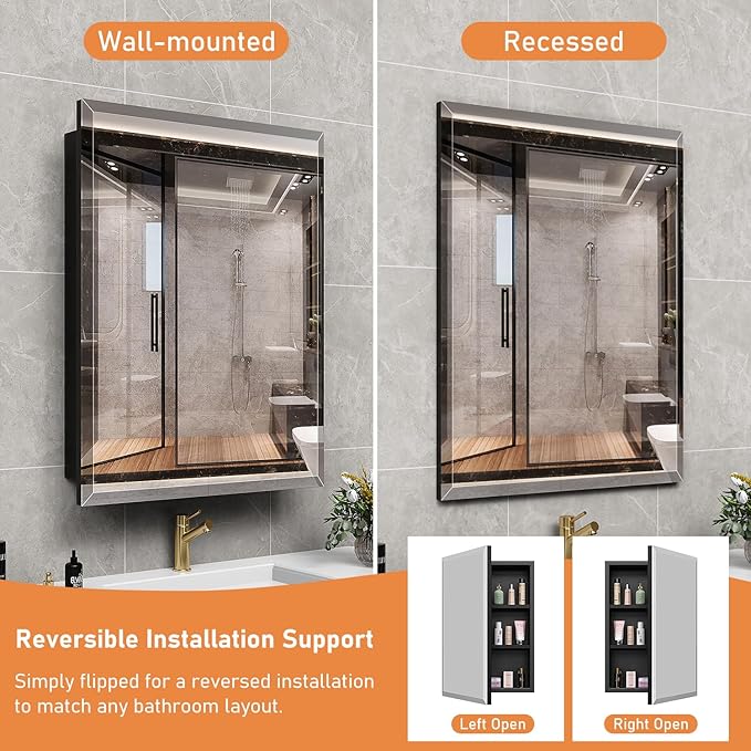 20X26 Inches Medicine Cabinet, Wall Mounted Bathroom Cabinet wirh Beveled Mirror, Recessed or Surface Medicine Cabinet with Storage