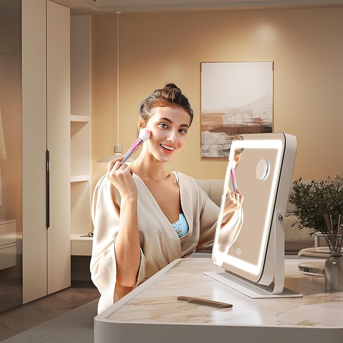 Hasipu Makeup Vanity Mirror with Lights, 16" L x 12" W LED Tabletop Make up Mirror for Desk, Lighting & Brightness Adjustment, 360°Rotation, 10x Magnification
