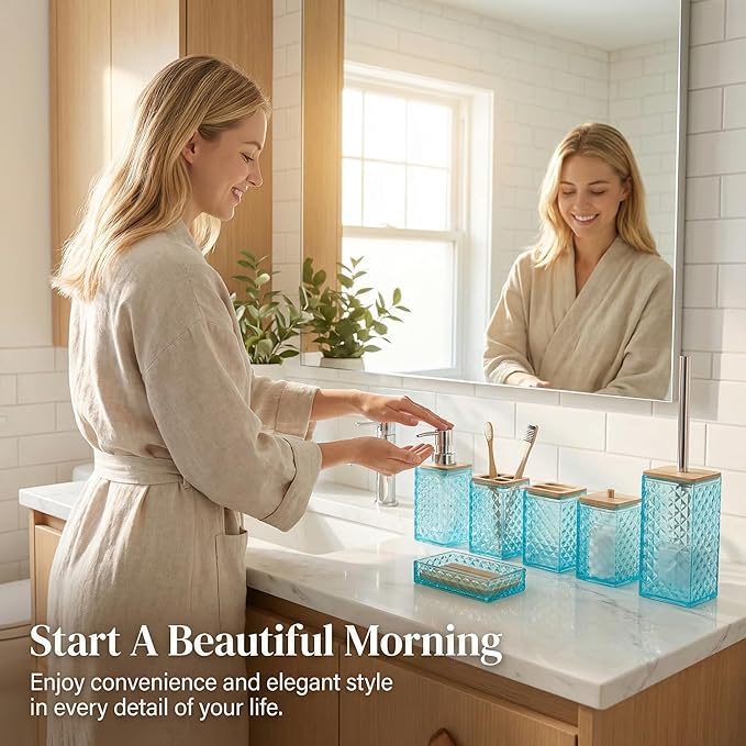 Light Blue Bathroom Accessory Set, 6 PCS Light Blue Bathroom Accessories Set, Soap Dispenser, Toothbrush Holder, Soap Dish, Mouthwash Cup, Cotton Swab Holder and Toilet Brush, Acrylic