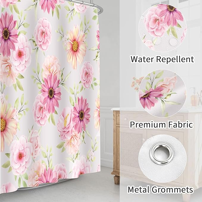 Pink Daisy Peony Flower Shower Curtains, Watercolor Floral Green Leaves Waterproof Fabric Botanical Bathroom Shower Curtain, 72 x 72 Inch
