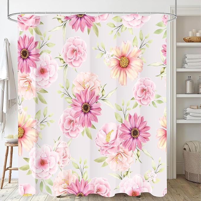 Pink Daisy Peony Flower Shower Curtains, Watercolor Floral Green Leaves Waterproof Fabric Botanical Bathroom Shower Curtain, 72 x 72 Inch