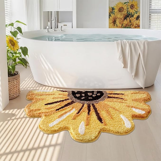 LUMI Floral Bath Mat, Sunflower Bathroom Rug, Soft Plush Fluffy Yellow Bath Mat, Absorbent, Non-Slip for Bathroom, Kitchen Sink, Bedroom, Kid's Bedroom, and Living Room, 24"x43"