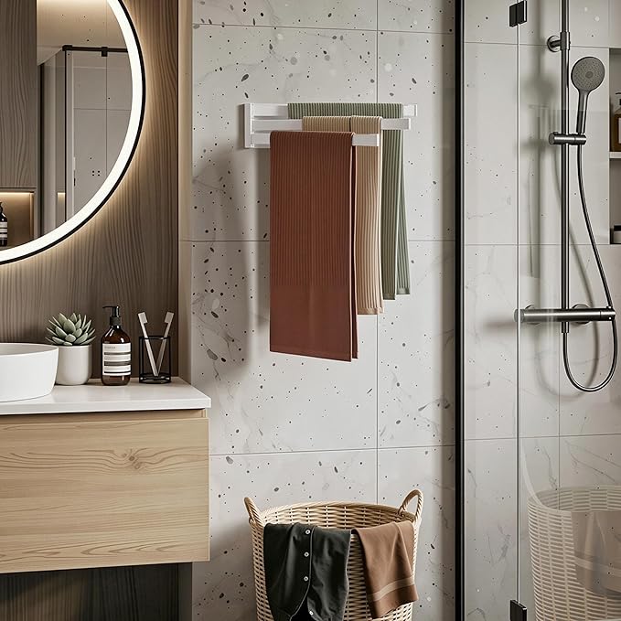 Swing Towel Holder Rack White, Wall Mounted Towel Bar Swivel with 3-Arm for Bathroom Kitchen Storage