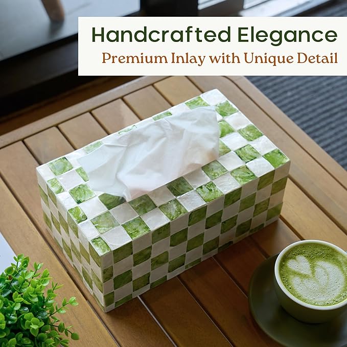 CHI AN HOME Rectangle Checkered Tissue Box Cover Handmade with Capiz Shells, Decorative Tissue Box Holder for Living Room, Bathroom or Kitchen Counter (Pistachio Green)