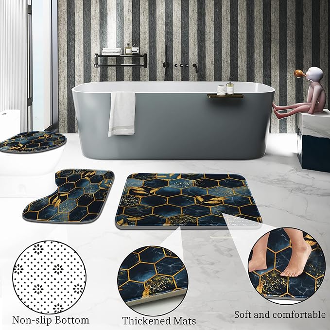 Poedist 4 Pcs Bathroom Shower Curtain Set,Bathroom Sets with Rugs(Bath Mat,U Shape and Toilet Lid Cover Mat) and 12 Hooks,Black and Blue Honeycomb Marble