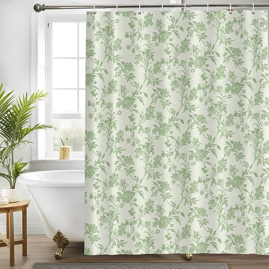 Seorsok Green Shower Curtain,Sage Cotton Floral Cottagecore,Elegant Floral Fabric Shower Curtain Machine Washable Waterproof Bathroom Decor 72'Wx72'L inches,Beige Green