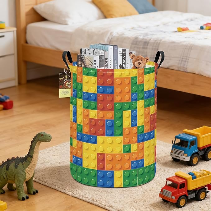 HUNRUNG Laundry Hamper,Large Canvas Fabric Lightweight Storage Basket Toy Organizer Dirty Clothes Collapsible Waterproof for College Dorms???Round-Colorful Blocks???
