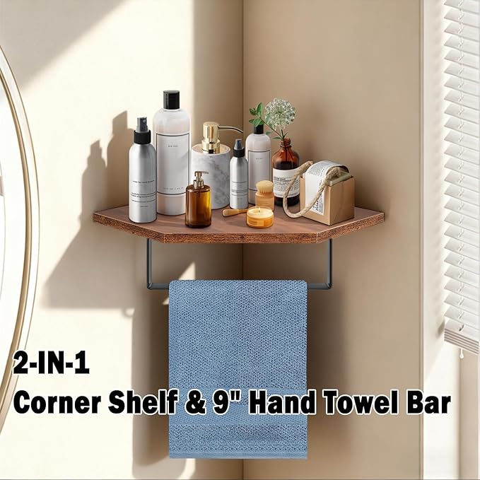 Hand Towel Holder/Towel Ring with Wooden Shelf, Hand Towel Rack, Hand Towel Hanger for Bathroom, Corner Bath Accessories Wall Mounted, Matte Black (9.2"-Diamond Shaped)