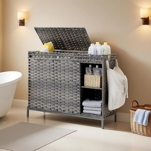Gitelsnour Laundry Hamper with Lid, 130L (34.4 Gal) Rattan Laundry Hamper 3 Section with 50L(13.2 Gal) Storage Shelf, Wicker Woven Laundry Sorter Basket with 4 Liner Bags and Handles, Natural GLH003N