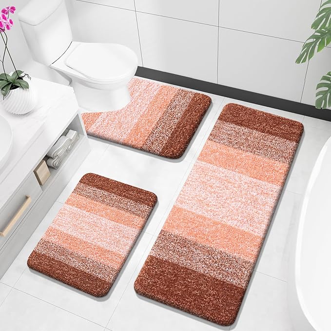 OLANLY Bathroom Rugs Sets 3 Piece, Soft Absorbent Microfiber Bath Mats and U-Shaped Contour Toilet Rug, Plush Shaggy Bath Mat Set for Bathroom (47"x20"+24"x16"+24"x20", Orange)